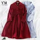 YuooMuoo – robe chemise mi-longue à cordon de serrage, Vintage, avec poches, tenue élégante pour le
