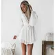 Mini robe blanche style bohémien pour femmes, Sexy, col en V, ajouré, décontractée, manches longues,