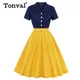 Tonval – robe mi-longue à ceinture pour femme, tenue élégante en coton, à boutons, deux tons, bleu