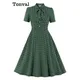 Tonval – robe chemise trapèze Vintage pour femme, tenue élégante, verte, col papillon, boutons