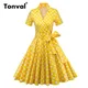 Tonval – robe rétro jaune à pois pour femmes manches courtes col en V ceinturée ligne A robes