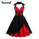 Tonval – robe de soirée Vintage pour femmes, rouge et noir, Sexy, nœud, col en v, col licou, Pin Up,