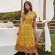Longue robe à fleurs Vintage jaune imprimé Floral col en v ceinture manches courtes style Boho