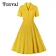 Tonval – robe jaune en coton à col cranté pour femmes Style Vintage rétro des années 50 tissu
