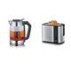 SEVERIN Digital Glas-Tee-/Wasserkocher, Mit Temperaturregler, Für 1,7 L Wasser/1,5 L Tee, ca. 2.200 Wz & Automatik-Toaster, Inkl. Brötchen-Röstaufsatz, 2 Röstkammern, 800 W, Edelstahl/Schwarz