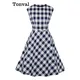 Tonval – Robe Pinup à carreaux bleu 50s pour femme boutons sur le côté en coton Vintage ligne a