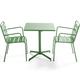 Table carrée et 2 fauteuils en acier vert cactus