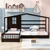 Twin Size Wood House Bed, 2 Twin Solid Platform Bed with Fence & Slatted Frame for Children Room, Guest Room -Easy to Assemble
