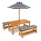 KidKraft 106 Gartenmöbel-Set mit Tisch, Bank, Kissen und Sonnenschirm aus Holz für Kinder – dunkelblau & weiß gestreift