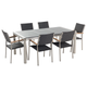Gartenmöbel Set Grau Schwarz Granit Edelstahl Tisch 180 cm mit 3 Platten Poliert 6 Rattanstühle Terrasse Outdoor Modern