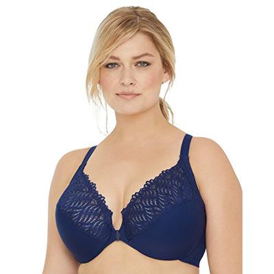 Glamorise Women's Plus Size Full Figure Front Close Lace T-Back Wonderwire Bra #1246, Blue