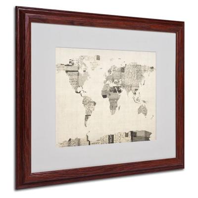 Vintage Postcard World Map Artwork by Michael Tompsett in Wood Frame, 16 by 20-Inch