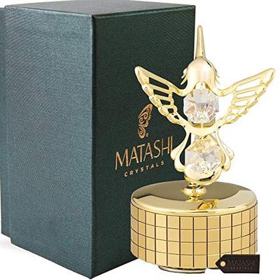 24K Gold Plated Music Box with Crystal Studded Hummingbird Figurine by Matashi | Best Gift for Valen