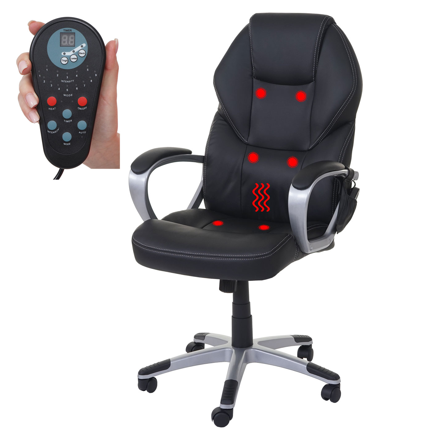 Massage-Bürostuhl HWC-A69, Drehstuhl Chefsessel, Heizfunktion Massagefunktion Kunstleder ~ schwarz