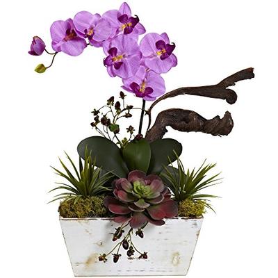 Nearly Natural 1458-OR Orchid & Succulent Garden with White Wash Planter