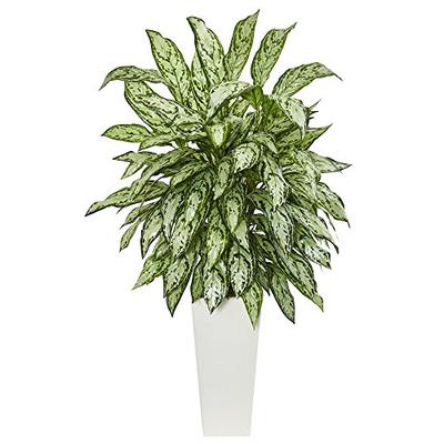Nearly Natural Artificial Silver Queen Plant in White Tower Planter Green