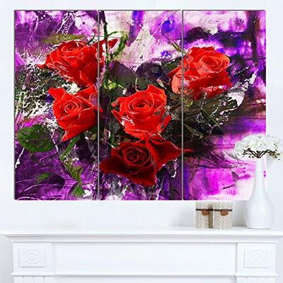 Design Art Five Red Roses Abstract Background Floral Canvas Artwork 36x28-3 Panels