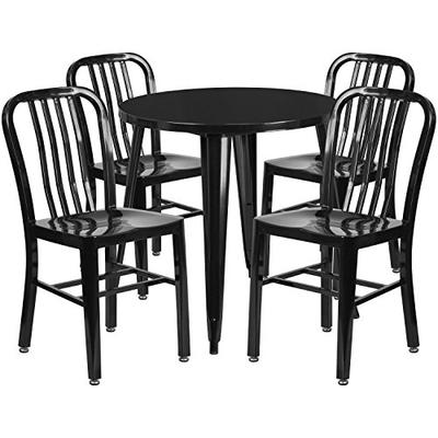 Flash Furniture 30'' Round Black Metal Indoor-Outdoor Table Set with 4 Vertical Slat Back Chairs