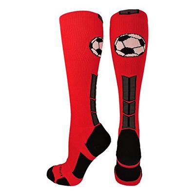 MadSportsStuff Soccer Socks with Soccer Ball Logo Over The Calf (Scarlet/Black/Graphite, Small)