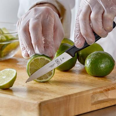 Mercer Culinary M33931B 4" Serrated Pointed Tip Paring / Bar Knife with Guard