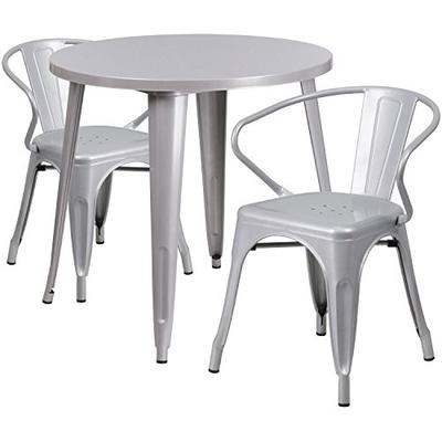 Flash Furniture 30'' Round Silver Metal Indoor-Outdoor Table Set with 2 Arm Chairs
