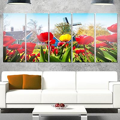 Designart MT14600-401 Tulips in The Netherlands Village - Modern Floral Metal Wall Art,Red,60x28