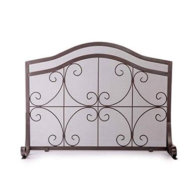 Small Crest Flat Guard Fireplace Screen, Solid Wrought Iron Frame with Metal Mesh, Decorative Scroll
