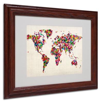 Butterflies World Map Artwork by Michael Tompsett in Wood Frame, 11 by 14-Inch