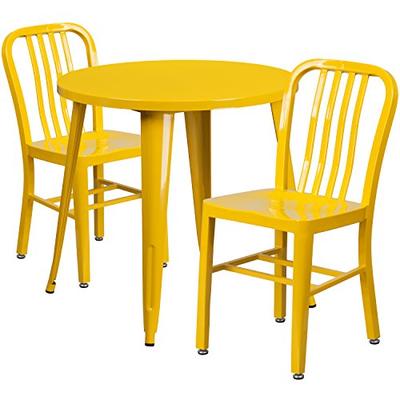 Flash Furniture 30'' Round Yellow Metal Indoor-Outdoor Table Set with 2 Vertical Slat Back Chairs