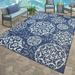 Blue/Gray 60 W in Area Rug - Gertmenian Paseo Emilia Navy Blue/Beige Scrolled Medallion Indoor/Outdoor Flatweave Area Rug Polypropylene | Wayfair