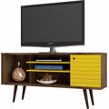"Manhattan Comfort 200AMC94 - Liberty 53.14"" Mid Century - Modern TV Stand w/ 5 Shelves & 1 Door in Rustic Brown & Yellow w/ Solid Wood Legs"