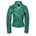 Ladies Women Vintage Style Soft Washed Real Leather Biker Jacket Slim Fit Size [C-Green,XL-14]