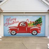 The Holiday Aisle® Red Truck Christmas Garage Banner Door Mural Polyester in Blue/Red | 84 H x 192 W x 1 D in | Wayfair