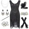 8IGHTEEN COSTUME 1920s Gatsby Fringed Paisley Plus Size Flapper Dress with 20s Accessories Set (XXL, Black)