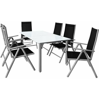 Gartenmöbel Set 6 Stühle mit Tisch 150x90cm Aluminium Sicherheitsglas Wetterfest Klappbar Modern