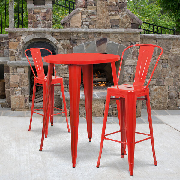 "Flash Furniture CH-51090BH-2-30CAFE-RED-GG 30"" Round Red Metal Indoor / Outdoor Bar Height Table with 2 Cafe Stools"