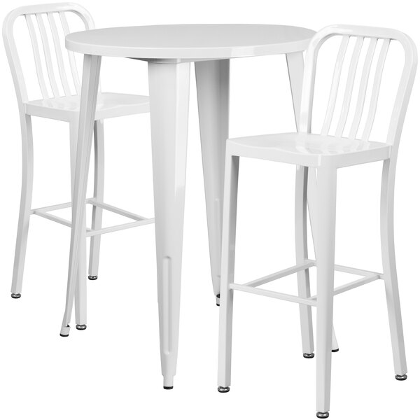 Flash Furniture CH-51090BH-2-30VRT-WH-GG 30" Round White Metal Indoor / Outdoor Bar Height Table with 2 Vertical Slat Back Stools