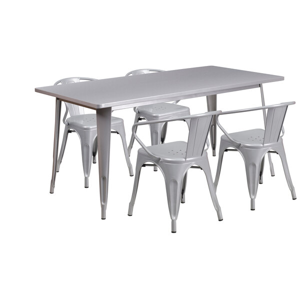 Flash Furniture ET-CT005-4-70-SIL-GG 31 1/2" x 63" Rectangular Silver Metal Indoor / Outdoor Dining Height Table with 4 Arm Chairs