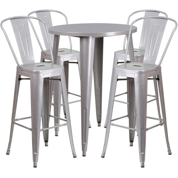 Flash Furniture CH-51090BH-4-30CAFE-SIL-GG 30" Round Silver Metal Indoor / Outdoor Bar Height Table with 4 Cafe Stools
