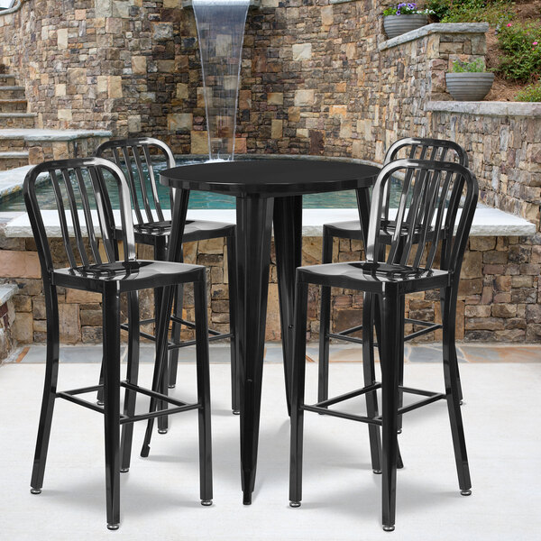 Flash Furniture CH-51090BH-4-30VRT-BK-GG 30" Round Black Metal Indoor / Outdoor Bar Height Table with 4 Vertical Slat Back Stools