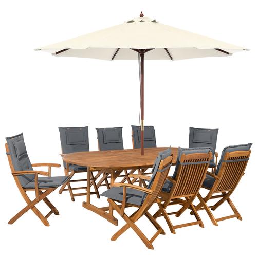 Gartenmöbel Set Hellbraun und Graphit Akazienholz 10-Teilig Ovaler Tisch mit 8 Stühlen 8 Auflagen 1 Sonnenschirm Terrasse Outdoor Modern