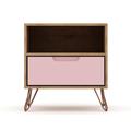 Rockefeller 1.0 Mid Century- Modern Nightstand with 1-Drawer in Nature and Rose Pink - Manhattan Comfort 101GMC6