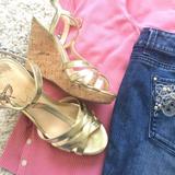 Jessica Simpson Shoes | 4” Golden Leather And Cork Espadrilles | Color: Gold | Size: 7