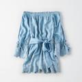 American Eagle Outfitters Pants & Jumpsuits | Aeo Off The Shoulder Embroidered Chambray Romper | Color: Blue | Size: S