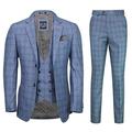 Mens 3 Piece Blue Check Suit Retro Vintage Smart Tailored Fit Classic Formal[Hector,Blue,UK/US 42 EU 52,Trouser 36"]