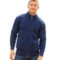 Irish Treasures | Men's Full Zip Aran Sweater 6031 | 100% Wool (Deep Blue, XL)