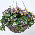 HOMESCAPES Purple and Yellow Pansy Artificial Hanging Basket Lifelike Hanging Plant For Indoor and Outdoor Decoration Trailing Flowers In Brown Wicker Pot with Silver Metal Chain and Hook 60 cm Long