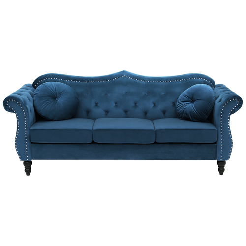 Sofa Blau Samtstoff 3-Sitzer Chesterfield Stil Retro Zierkissen Wohnzimmer