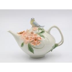 Ophelia & Co. Mcdermott 10 Oz. Porcelain Blue Bird Apple Blossom Teapot Porcelain China/Ceramic in White | 6 H x 5.38 W x 8.5 D in | Wayfair 20906