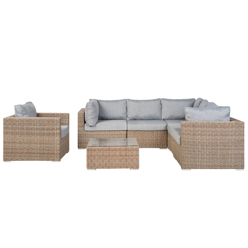 Gartenmöbel Set Hellbraun Rattan Textil Hellgrau inkl. Kissen 6-Sitzer Linksseitig Terrasse Outdoor Modern